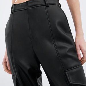 Black Faux Leather Cargo Pants 